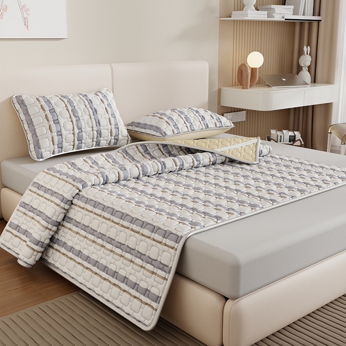 91家纺网 家纺一手货源 找家纺 世纪绒品 2026新款A类凉感条格乳胶床笠床席款凉席加厚12mm 床笠款-米灰泡泡