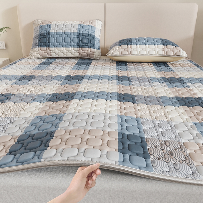 91家纺网 家纺一手货源 找家纺 世纪绒品 2026新款A类凉感条格乳胶床笠床席款凉席加厚12mm 床笠款-雾蓝大格