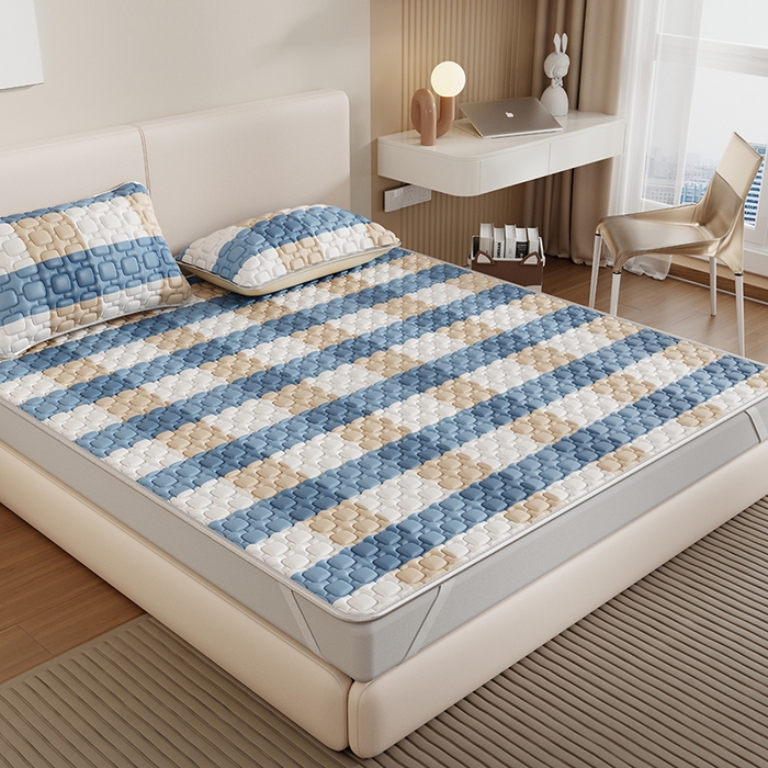 91家纺网 家纺一手货源 找家纺 世纪绒品 2026新款A类凉感条格乳胶床笠床席款凉席加厚12mm 床席款-蓝大格