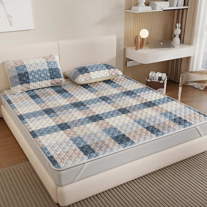 91家纺网 家纺一手货源 找家纺 世纪绒品 2026新款A类凉感条格乳胶床笠床席款凉席加厚12mm 床笠款-雾蓝大格