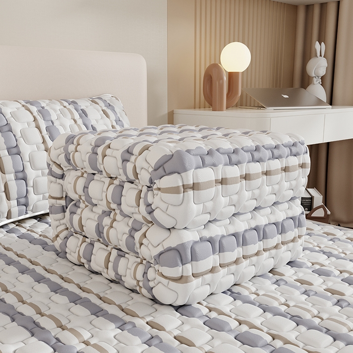 91家纺网 家纺一手货源 找家纺 世纪绒品 2026新款A类凉感条格乳胶床笠床席款凉席加厚12mm 床笠款-米灰泡泡