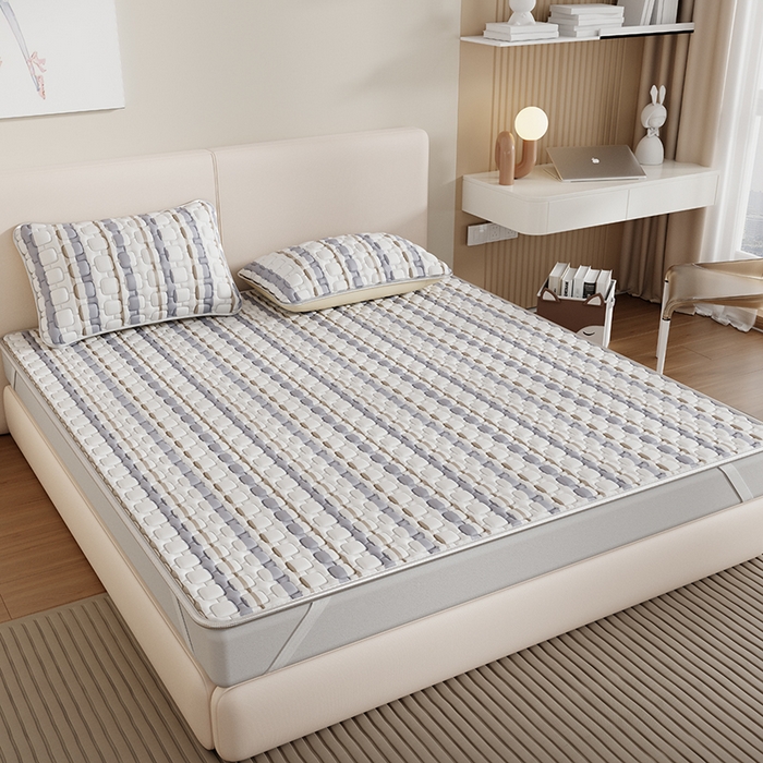 91家纺网 家纺一手货源 找家纺 世纪绒品 2026新款A类凉感条格乳胶床笠床席款凉席加厚12mm 床笠款-米灰泡泡