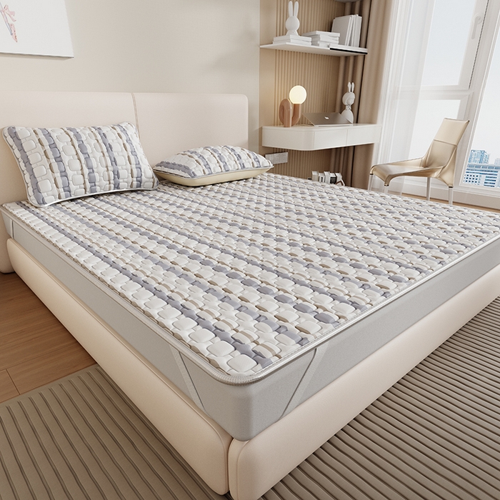 91家纺网 家纺一手货源 找家纺 世纪绒品 2026新款A类凉感条格乳胶床笠床席款凉席加厚12mm 床笠款-米灰泡泡