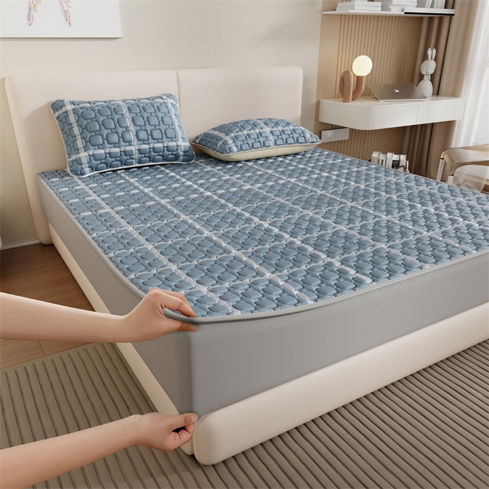 91家纺网 家纺一手货源 找家纺 世纪绒品 2026新款A类凉感条格乳胶床笠床席款凉席加厚12mm 床笠款-海洋蓝格