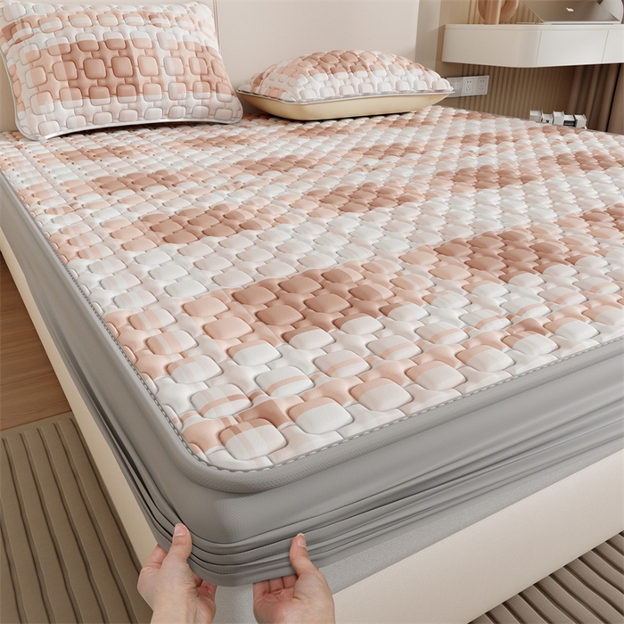 91家纺网 家纺一手货源 找家纺 世纪绒品 2026新款A类凉感条格乳胶床笠床席款凉席加厚12mm 床笠款-豆沙格