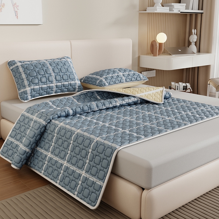 91家纺网 家纺一手货源 找家纺 世纪绒品 2026新款A类凉感条格乳胶床笠床席款凉席加厚12mm 床席款-海洋蓝格