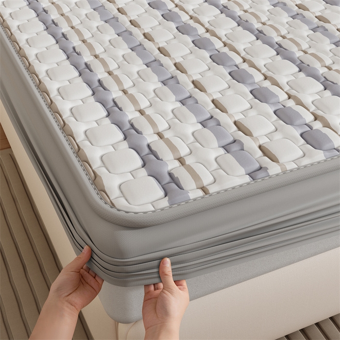 91家纺网 家纺一手货源 找家纺 世纪绒品 2026新款A类凉感条格乳胶床笠床席款凉席加厚12mm 床笠款-米灰泡泡