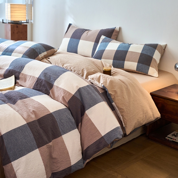 春皖家纺 2026春夏新款全棉纯棉水洗棉四件套 素雅-蓝大格