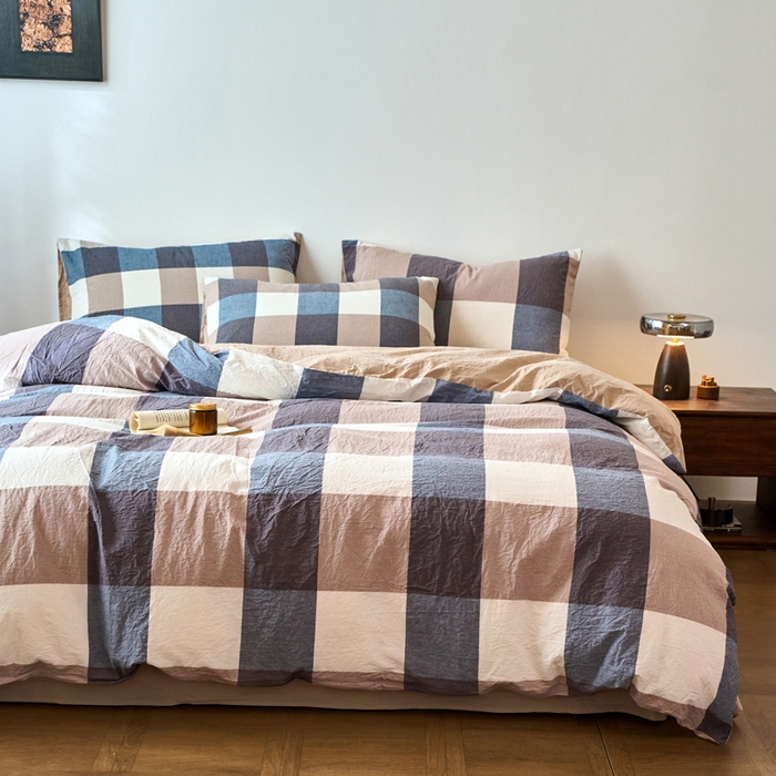 91家纺网 家纺一手货源 找家纺 春皖家纺 2026春夏新款全棉纯棉水洗棉四件套 素雅-蓝大格