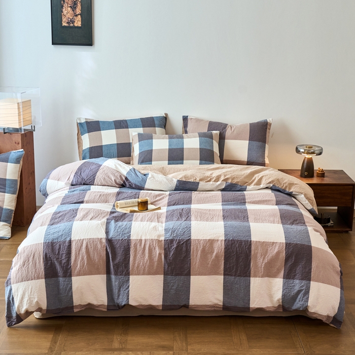 91家纺网 家纺一手货源 找家纺 春皖家纺 2026春夏新款全棉纯棉水洗棉四件套 素雅-蓝大格