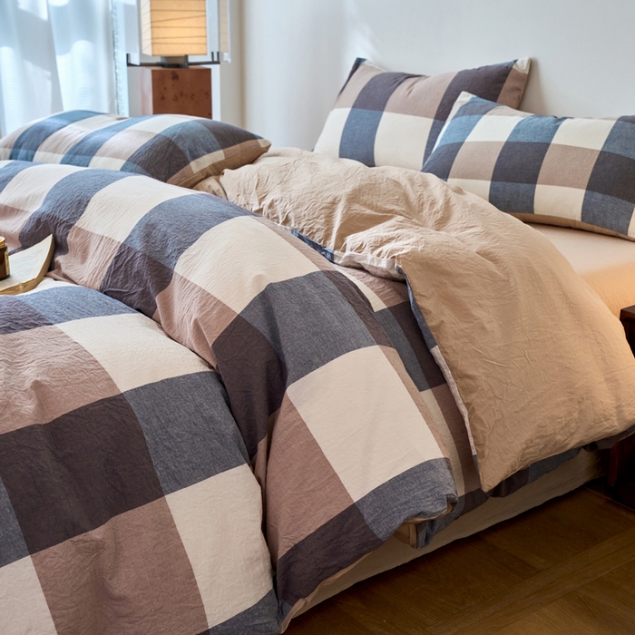 91家纺网 家纺一手货源 找家纺 春皖家纺 2026春夏新款全棉纯棉水洗棉四件套 素雅-蓝大格