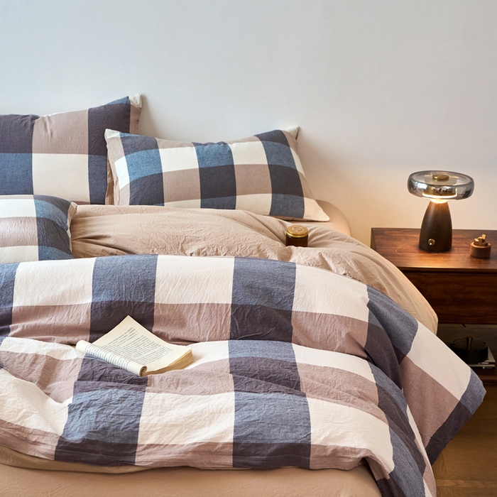 91家纺网 家纺一手货源 找家纺 春皖家纺 2026春夏新款全棉纯棉水洗棉四件套 素雅-蓝大格