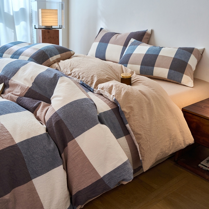 91家纺网 家纺一手货源 找家纺 春皖家纺 2026春夏新款全棉纯棉水洗棉四件套 素雅-蓝大格