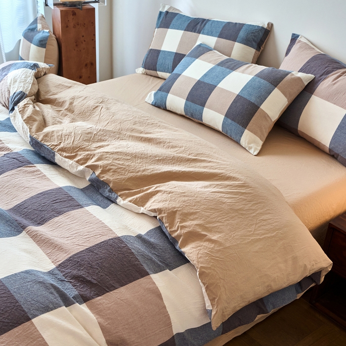 91家纺网 家纺一手货源 找家纺 春皖家纺 2026春夏新款全棉纯棉水洗棉四件套 素雅-蓝大格