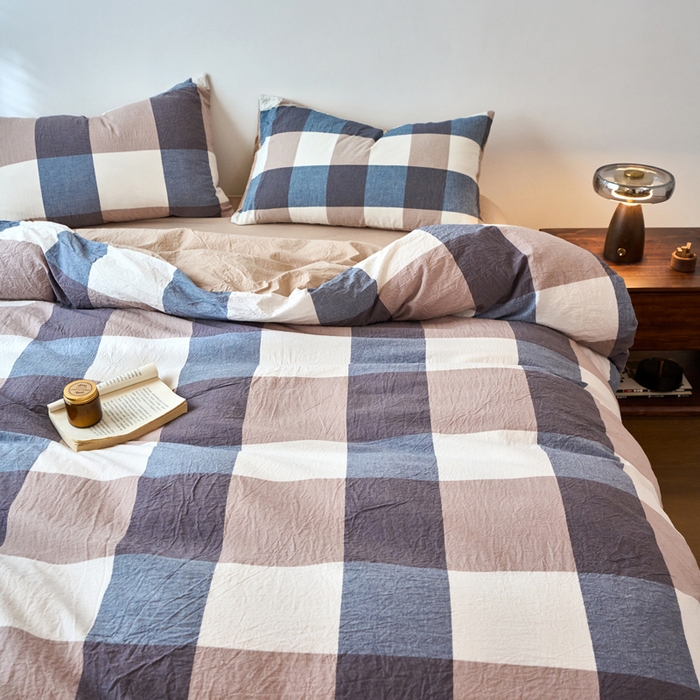 91家纺网 家纺一手货源 找家纺 春皖家纺 2026春夏新款全棉纯棉水洗棉四件套 素雅-蓝大格