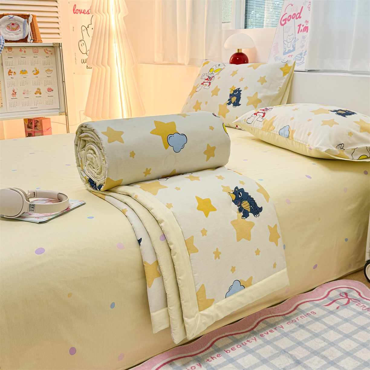 91家纺网 家纺一手货源 找家纺 名兮家居 2026新款正版授权经典奥特曼全棉夏被四件套【含防伪标】 全棉夏被-星星奥特曼