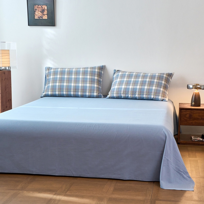 91家纺网 家纺一手货源 找家纺 春皖家纺 2026春夏新款全棉纯棉水洗棉四件套 素雅-蓝格