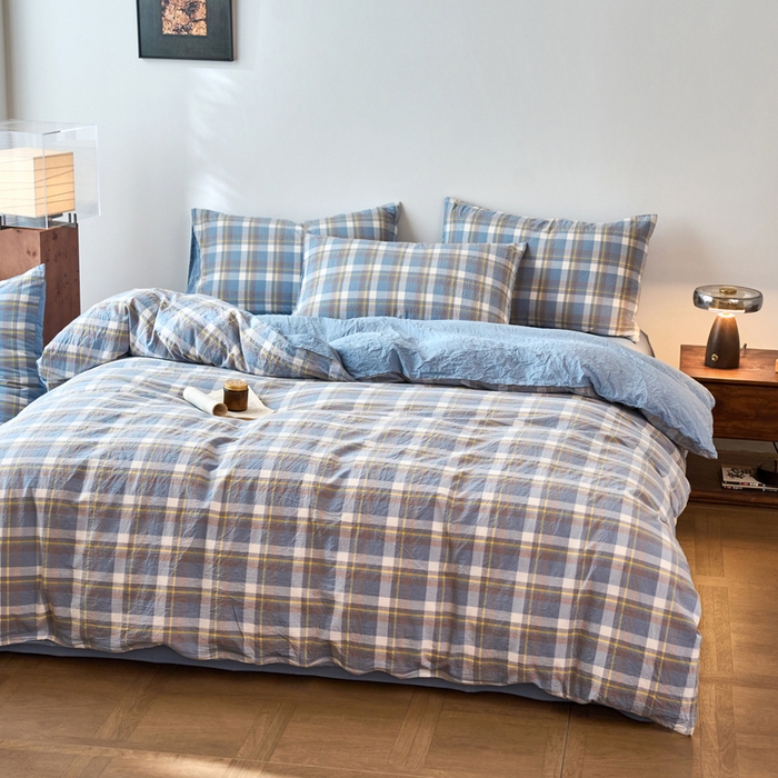 91家纺网 家纺一手货源 找家纺 春皖家纺 2026春夏新款全棉纯棉水洗棉四件套 素雅-蓝格