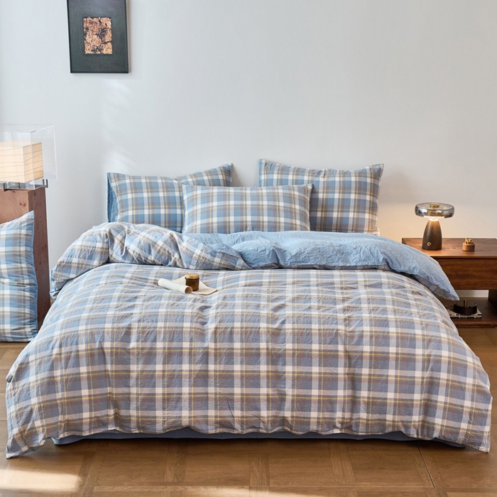 91家纺网 家纺一手货源 找家纺 春皖家纺 2026春夏新款全棉纯棉水洗棉四件套 素雅-蓝格