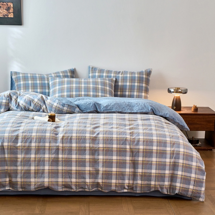 91家纺网 家纺一手货源 找家纺 春皖家纺 2026春夏新款全棉纯棉水洗棉四件套 素雅-蓝格