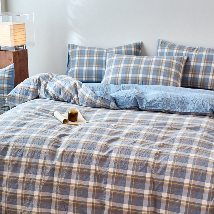 91家纺网 家纺一手货源 找家纺 春皖家纺 2026春夏新款全棉纯棉水洗棉四件套 素雅-蓝格