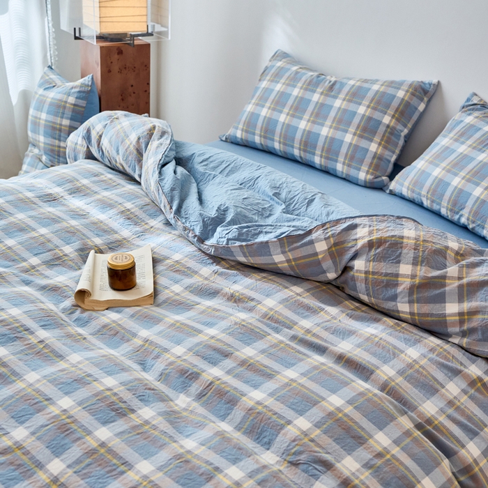 91家纺网 家纺一手货源 找家纺 春皖家纺 2026春夏新款全棉纯棉水洗棉四件套 素雅-蓝格