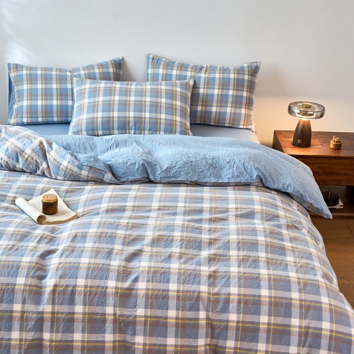 91家纺网 家纺一手货源 找家纺 春皖家纺 2026春夏新款全棉纯棉水洗棉四件套 素雅-蓝格