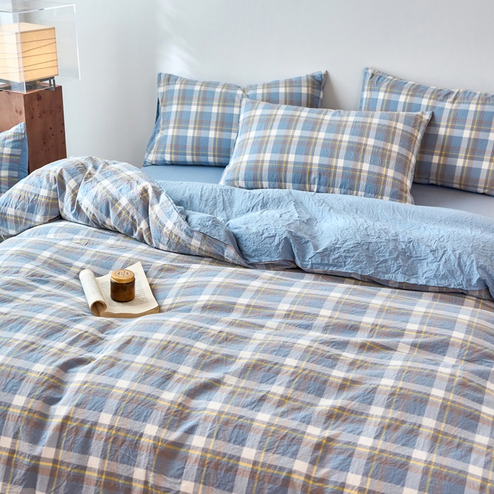 91家纺网 家纺一手货源 找家纺 春皖家纺 2026春夏新款全棉纯棉水洗棉四件套 素雅-蓝格