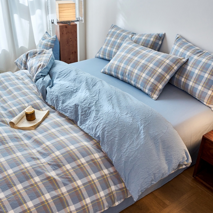 91家纺网 家纺一手货源 找家纺 春皖家纺 2026春夏新款全棉纯棉水洗棉四件套 素雅-蓝格