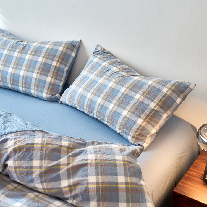 91家纺网 家纺一手货源 找家纺 春皖家纺 2026春夏新款全棉纯棉水洗棉四件套 素雅-蓝格