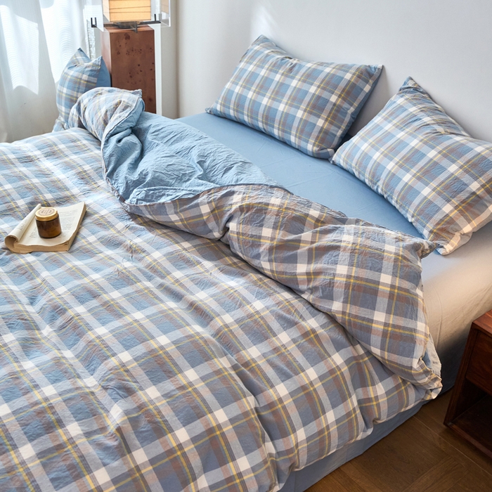 91家纺网 家纺一手货源 找家纺 春皖家纺 2026春夏新款全棉纯棉水洗棉四件套 素雅-蓝格