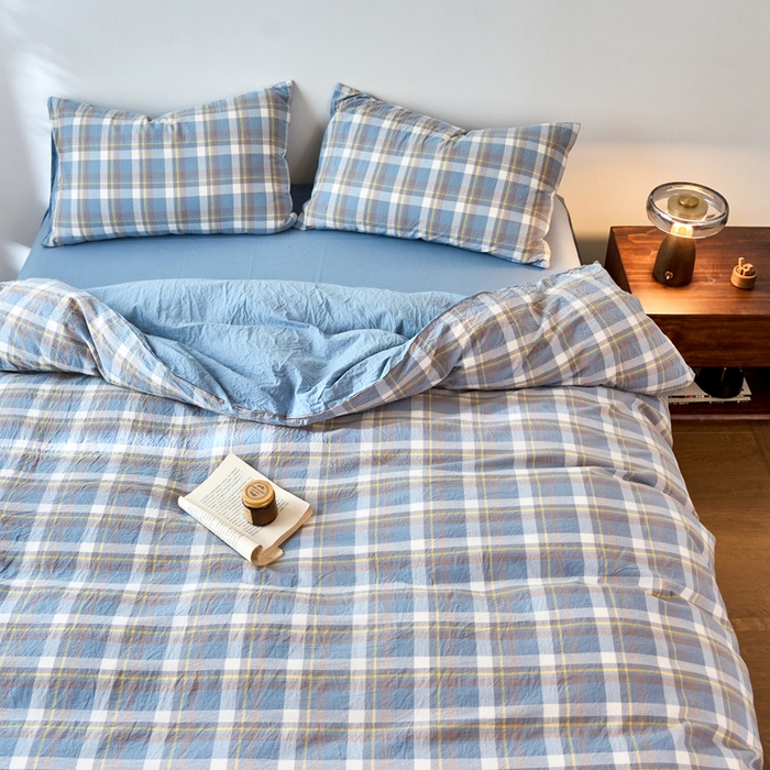 91家纺网 家纺一手货源 找家纺 春皖家纺 2026春夏新款全棉纯棉水洗棉四件套 素雅-蓝格