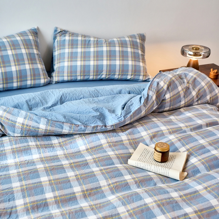 91家纺网 家纺一手货源 找家纺 春皖家纺 2026春夏新款全棉纯棉水洗棉四件套 素雅-蓝格