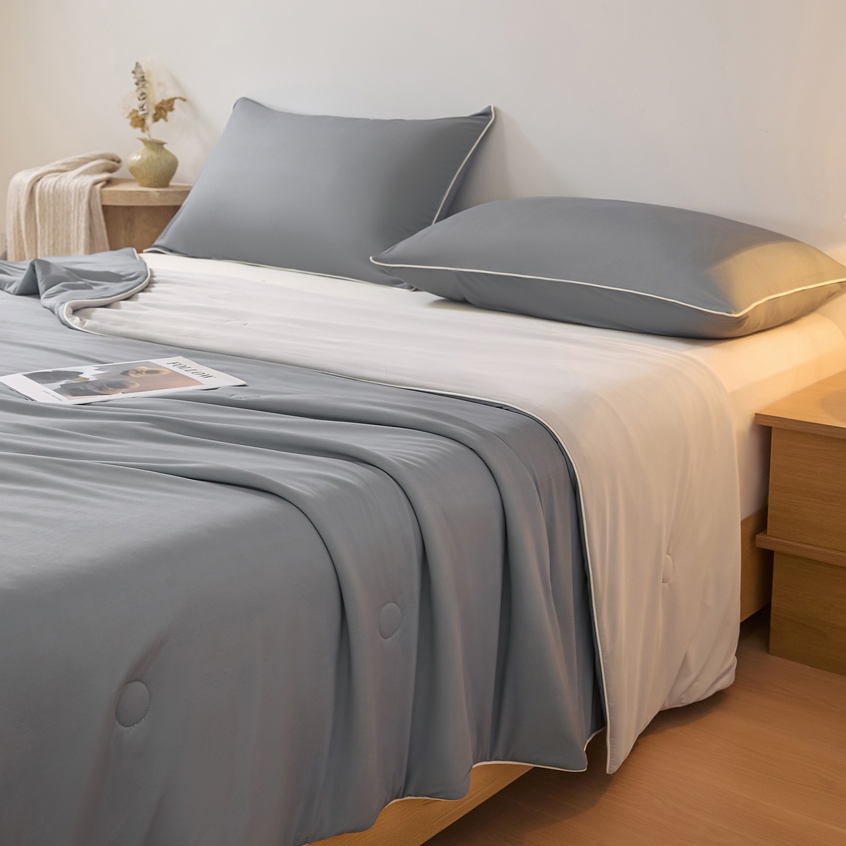 91家纺网 家纺一手货源 找家纺 寐眠 2026新款凉感纯色双拼夏被夏凉被空调被-风格二 暮灰静凉