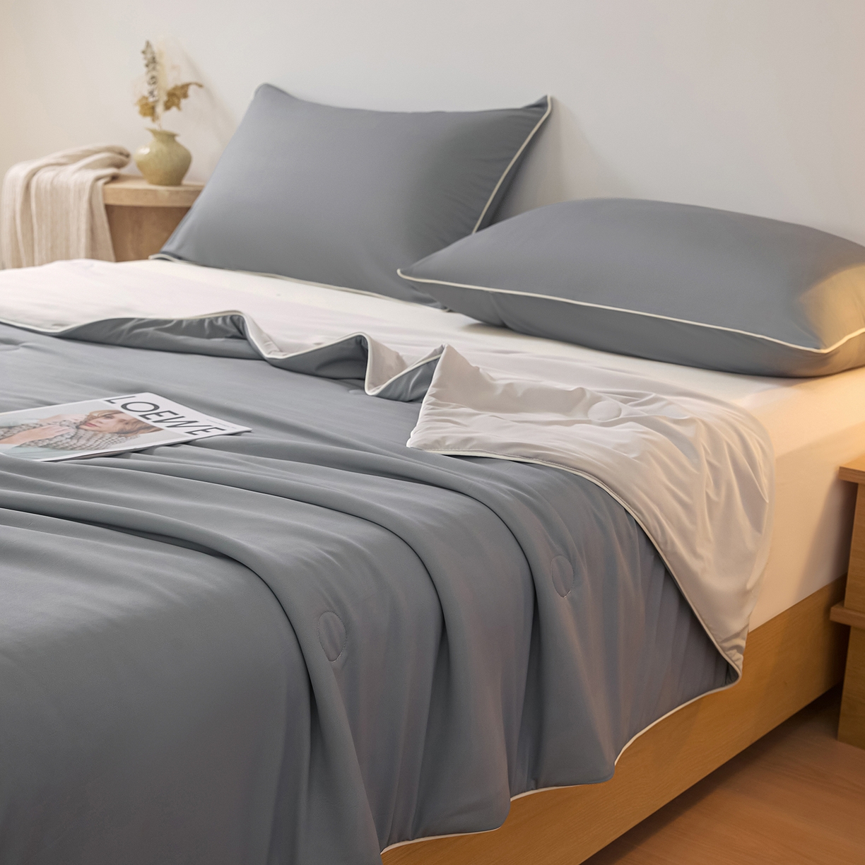 91家纺网 家纺一手货源 找家纺 寐眠 2026新款凉感纯色双拼夏被夏凉被空调被-风格二 暮灰静凉