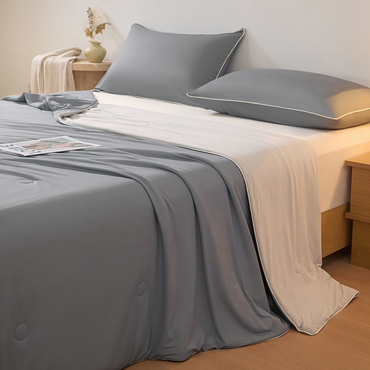 91家纺网 家纺一手货源 找家纺 寐眠 2026新款凉感纯色双拼夏被夏凉被空调被-风格二 暮灰静凉