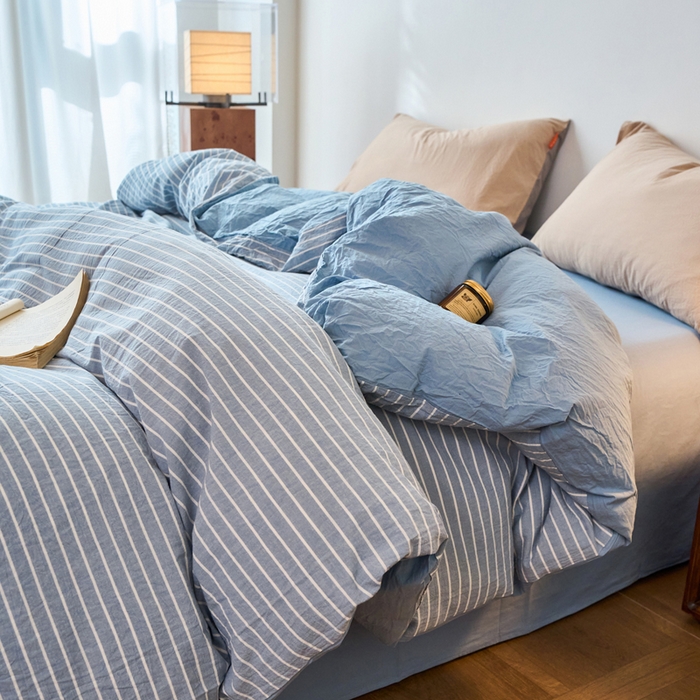 91家纺网 家纺一手货源 找家纺 春皖家纺 2026春夏新款全棉纯棉水洗棉四件套 素雅-蓝条