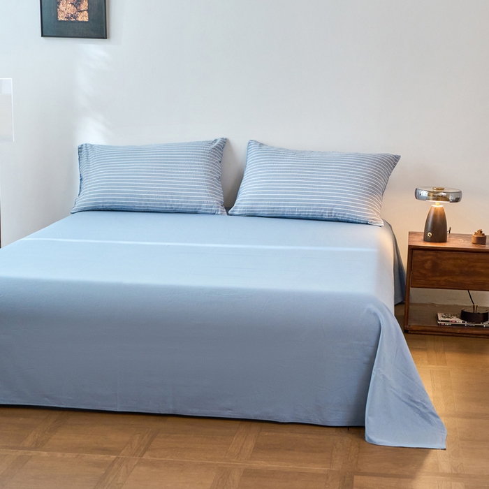 91家纺网 家纺一手货源 找家纺 春皖家纺 2026春夏新款全棉纯棉水洗棉四件套 素雅-蓝条