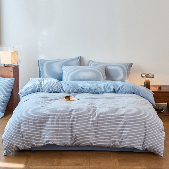 91家纺网 家纺一手货源 找家纺 春皖家纺 2026春夏新款全棉纯棉水洗棉四件套 素雅-蓝条