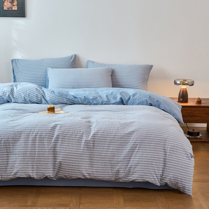 91家纺网 家纺一手货源 找家纺 春皖家纺 2026春夏新款全棉纯棉水洗棉四件套 素雅-蓝条