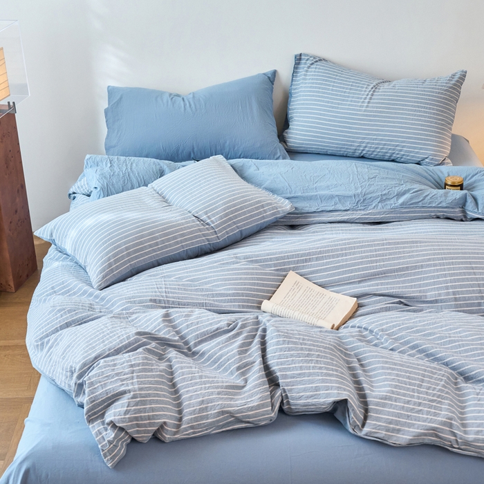 91家纺网 家纺一手货源 找家纺 春皖家纺 2026春夏新款全棉纯棉水洗棉四件套 素雅-蓝条