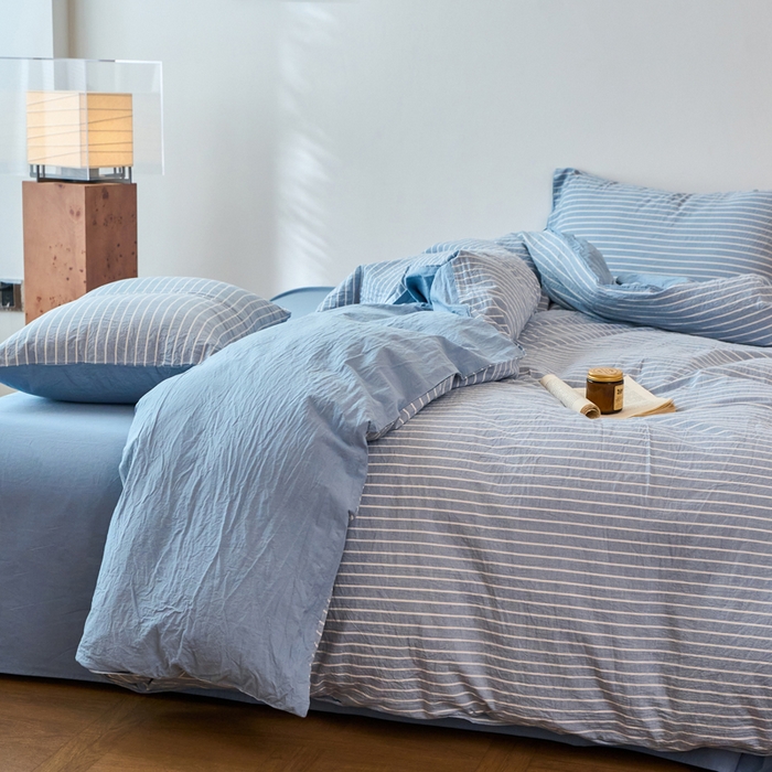 91家纺网 家纺一手货源 找家纺 春皖家纺 2026春夏新款全棉纯棉水洗棉四件套 素雅-蓝条