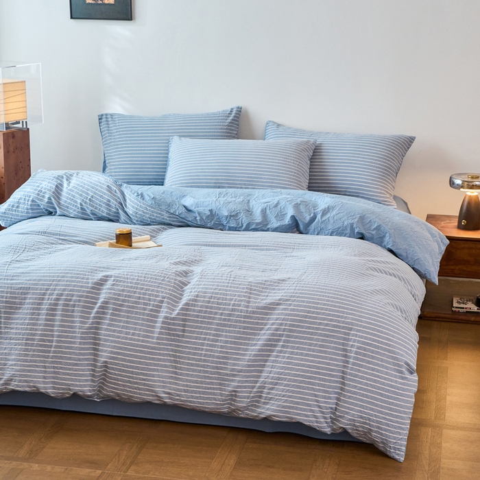 91家纺网 家纺一手货源 找家纺 春皖家纺 2026春夏新款全棉纯棉水洗棉四件套 素雅-蓝条