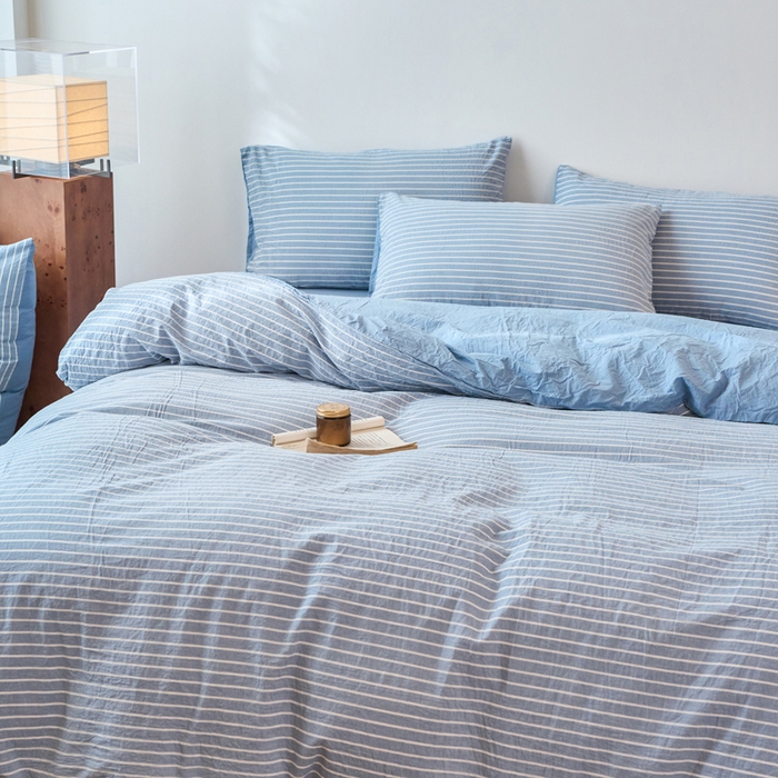 91家纺网 家纺一手货源 找家纺 春皖家纺 2026春夏新款全棉纯棉水洗棉四件套 素雅-蓝条