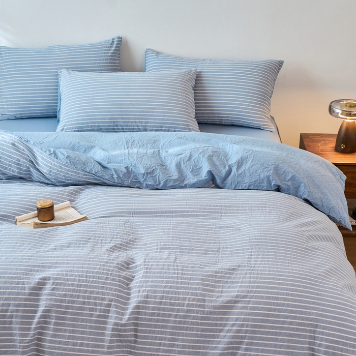 91家纺网 家纺一手货源 找家纺 春皖家纺 2026春夏新款全棉纯棉水洗棉四件套 素雅-蓝条