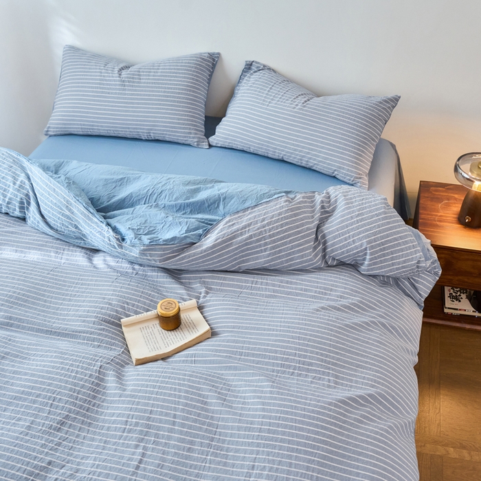 91家纺网 家纺一手货源 找家纺 春皖家纺 2026春夏新款全棉纯棉水洗棉四件套 素雅-蓝条