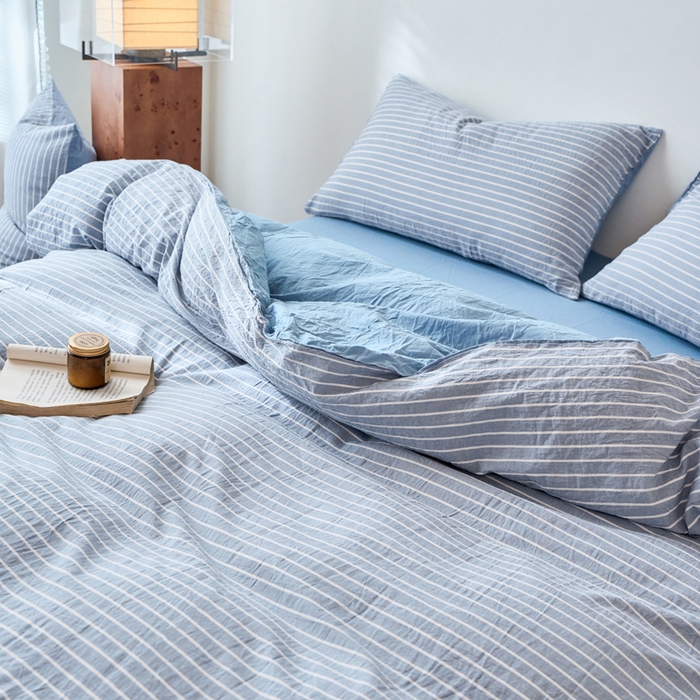 91家纺网 家纺一手货源 找家纺 春皖家纺 2026春夏新款全棉纯棉水洗棉四件套 素雅-蓝条