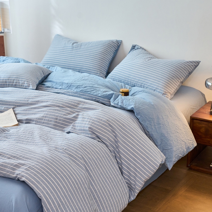 91家纺网 家纺一手货源 找家纺 春皖家纺 2026春夏新款全棉纯棉水洗棉四件套 素雅-蓝条