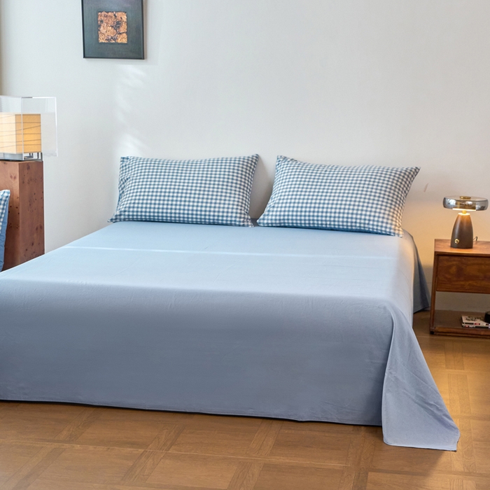 91家纺网 家纺一手货源 找家纺 春皖家纺 2026春夏新款全棉纯棉水洗棉四件套 素雅-蓝小格