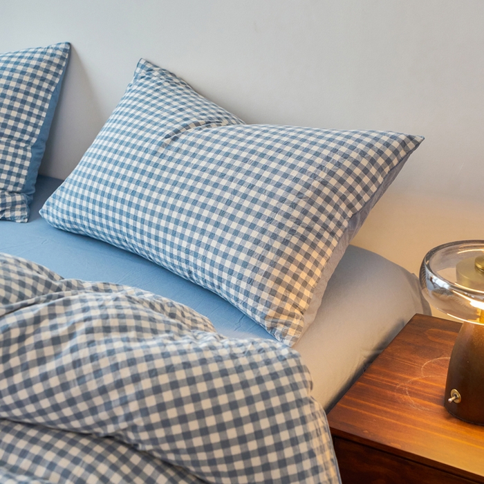 91家纺网 家纺一手货源 找家纺 春皖家纺 2026春夏新款全棉纯棉水洗棉四件套 素雅-蓝小格